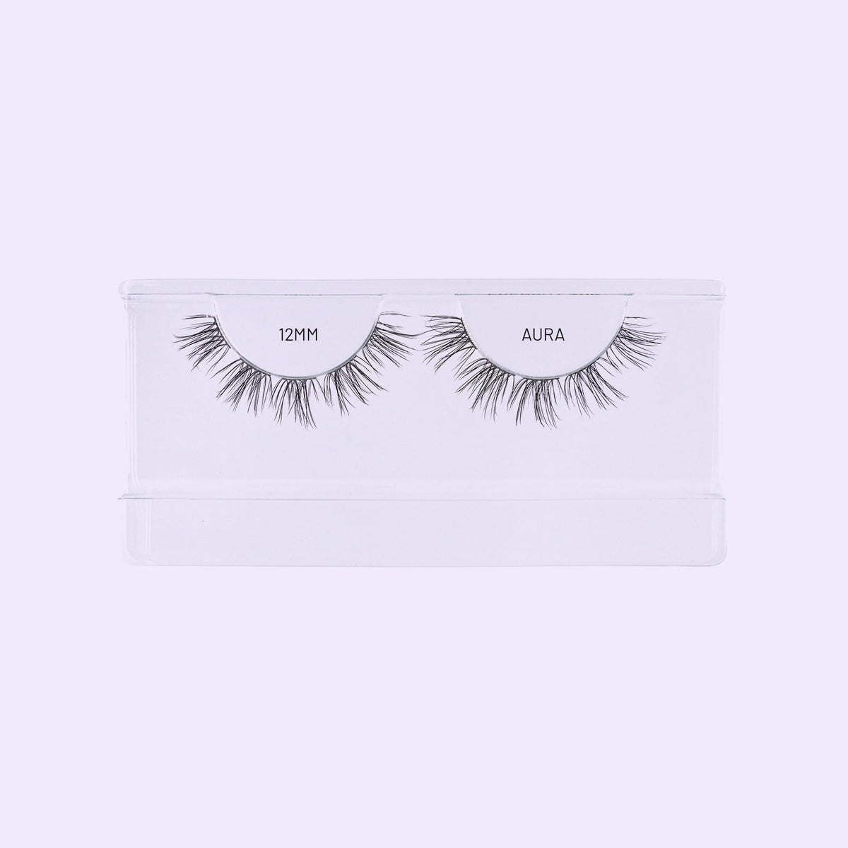 Open Aura NanoSoft 12mm lash tray showing two rows of natural-looking lash clusters.