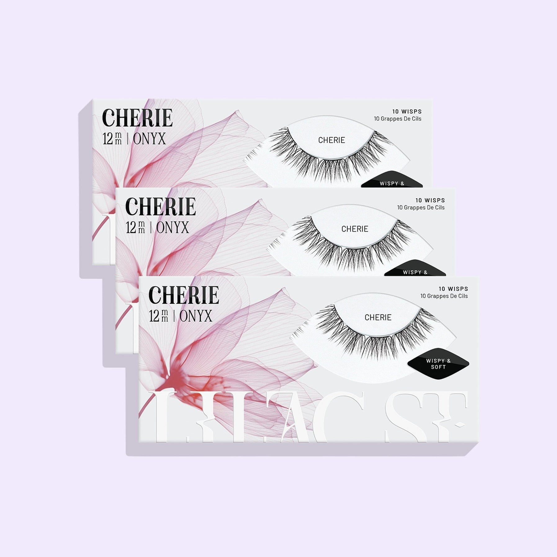 Three Cherie 12mm NanoSoft lash cluster trays from Lilac St. arranged against a soft lilac background.