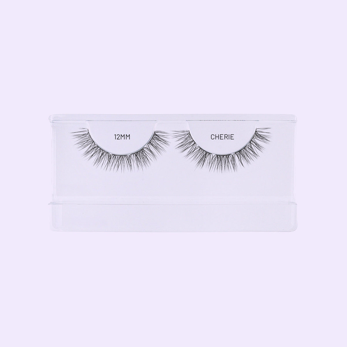 Open Cherie 12mm lash tray showing two rows of Lilac St. NanoSoft lash clusters.