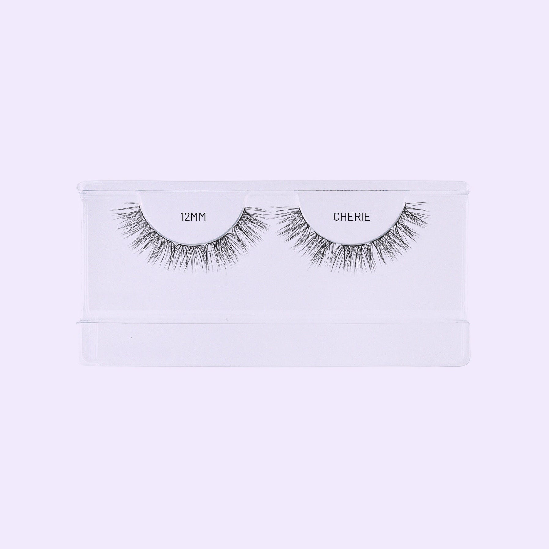 Open Cherie 12mm lash tray showing two rows of Lilac St. NanoSoft lash clusters.