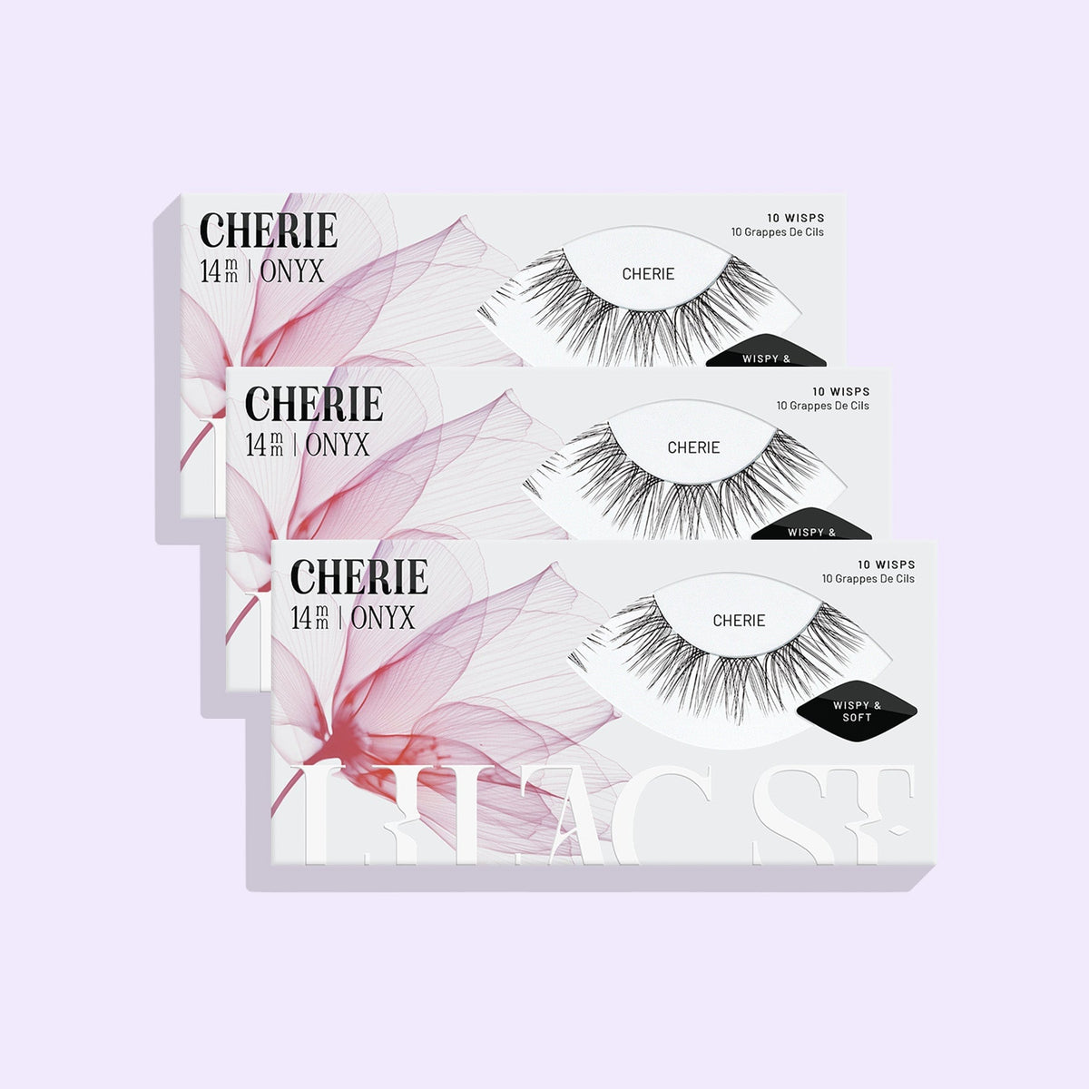 Three Cherie 14mm NanoSoft lash cluster trays from Lilac St. arranged against a soft lilac background.