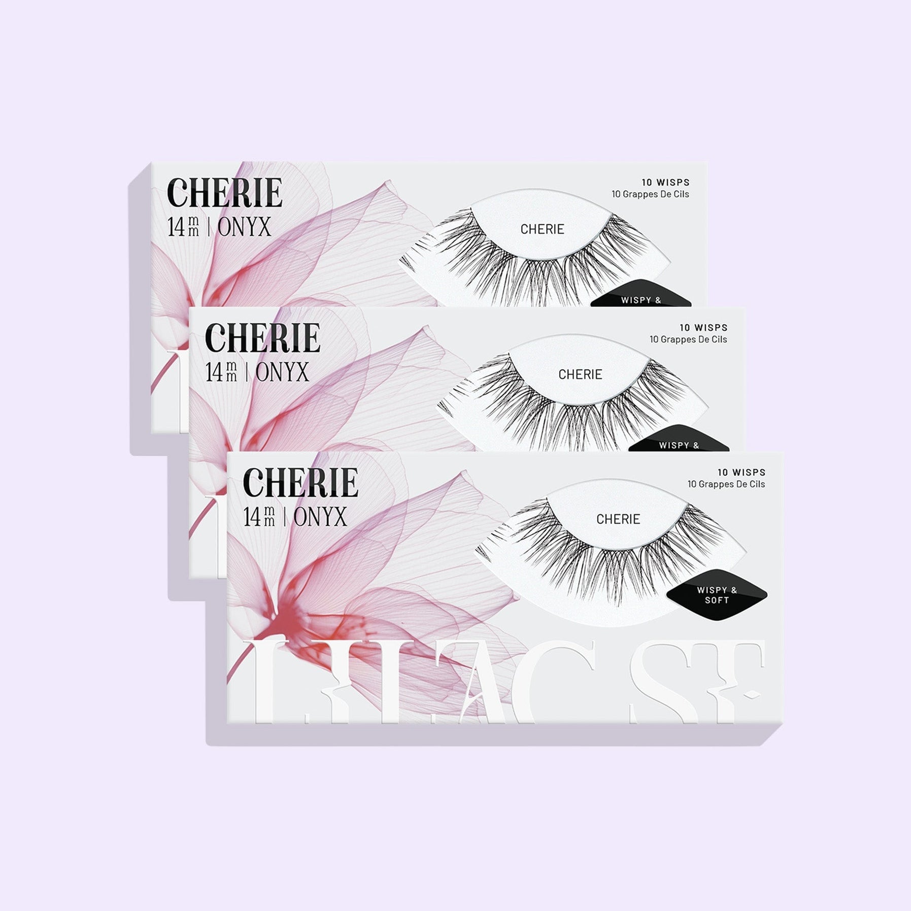 Three Cherie 14mm NanoSoft lash cluster trays from Lilac St. arranged against a soft lilac background.