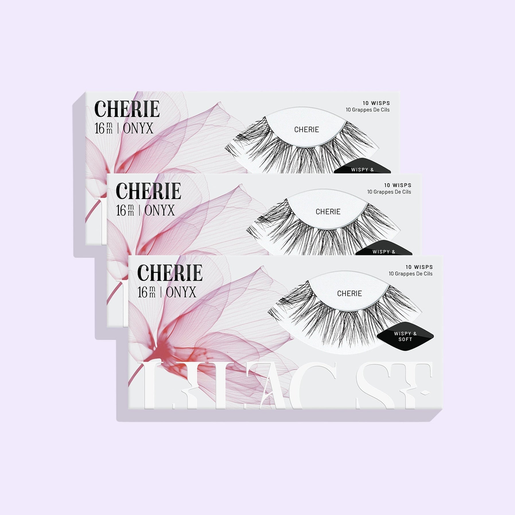 Three Cherie 16mm NanoSoft lash cluster trays from Lilac St. stacked against a soft lilac background.