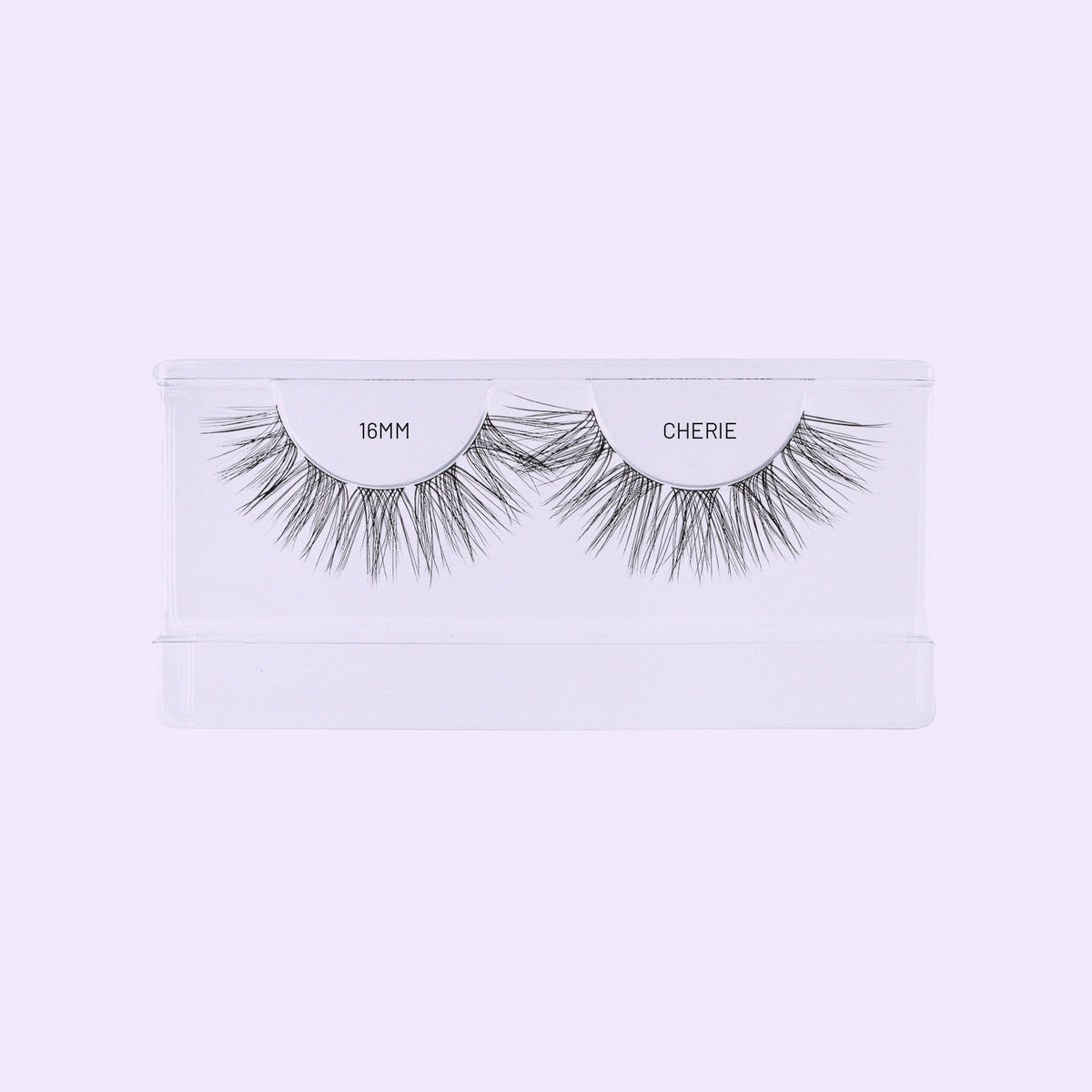 Open Lilac St. Cherie lash tray showing 16mm lash clusters on a soft lilac background.