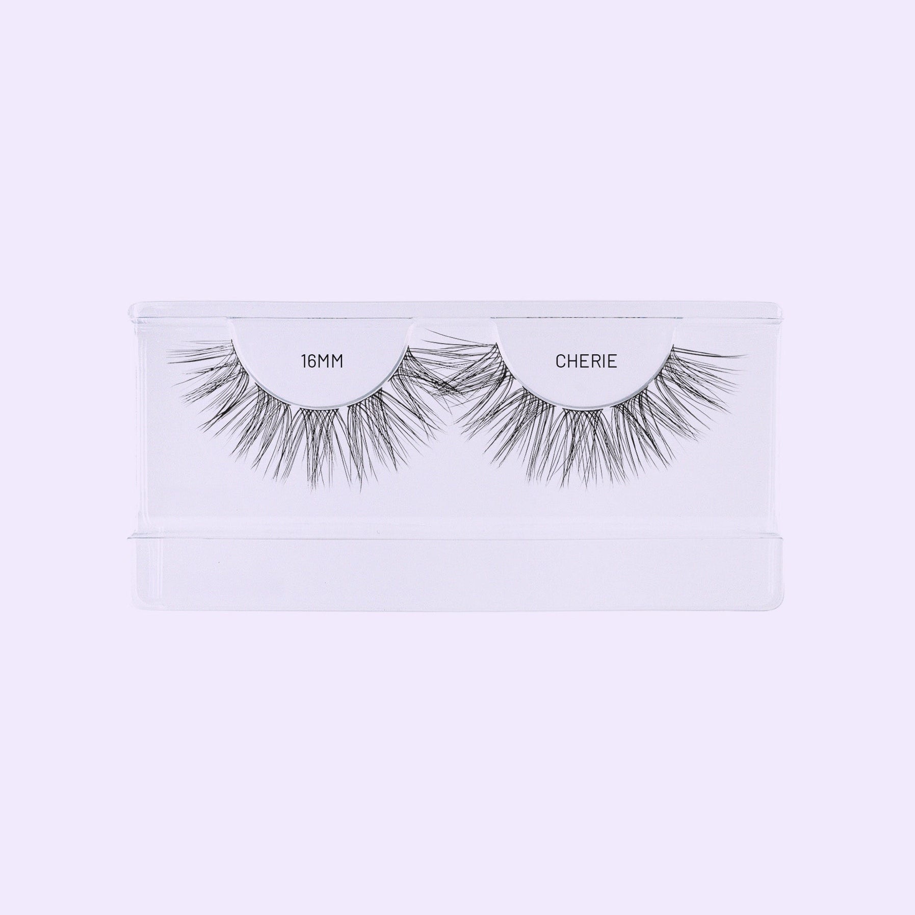 Open Lilac St. Cherie lash tray showing 16mm lash clusters on a soft lilac background.