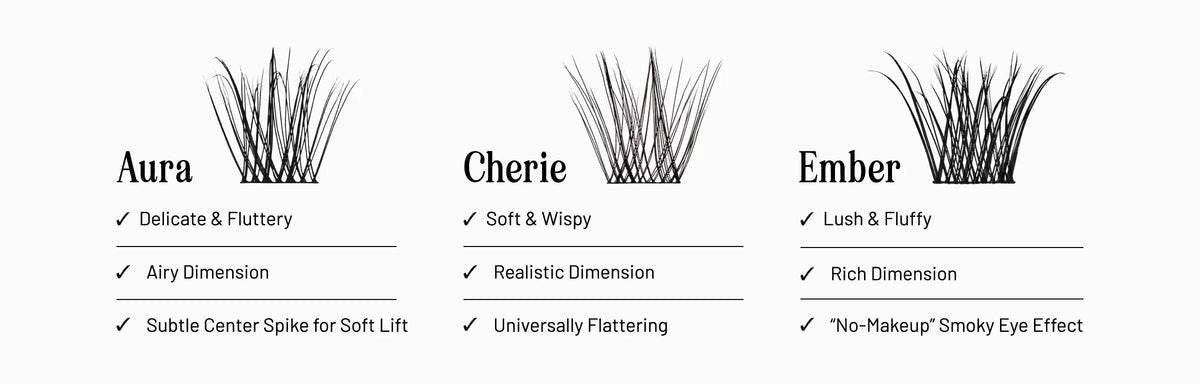 Comparison chart showing Lilac St. Aura, Cherie, and Ember lash clusters with their visible lash patterns and finish.