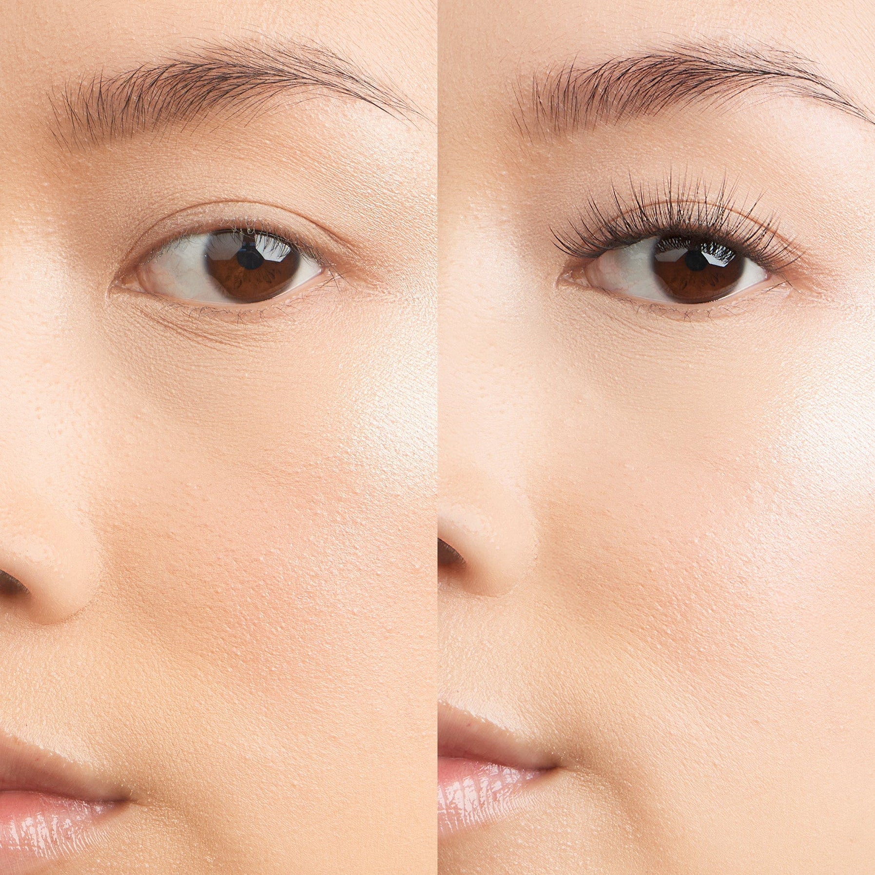 Close-up of a womans eyes before and after wearing Cherie NanoSoft lash clusters, with a natural, lifted look.