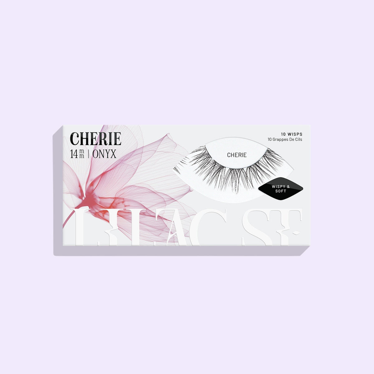 Cherie NanoSoft lash clusters in Lilac St. packaging, with the lash design shown on a soft lilac background.
