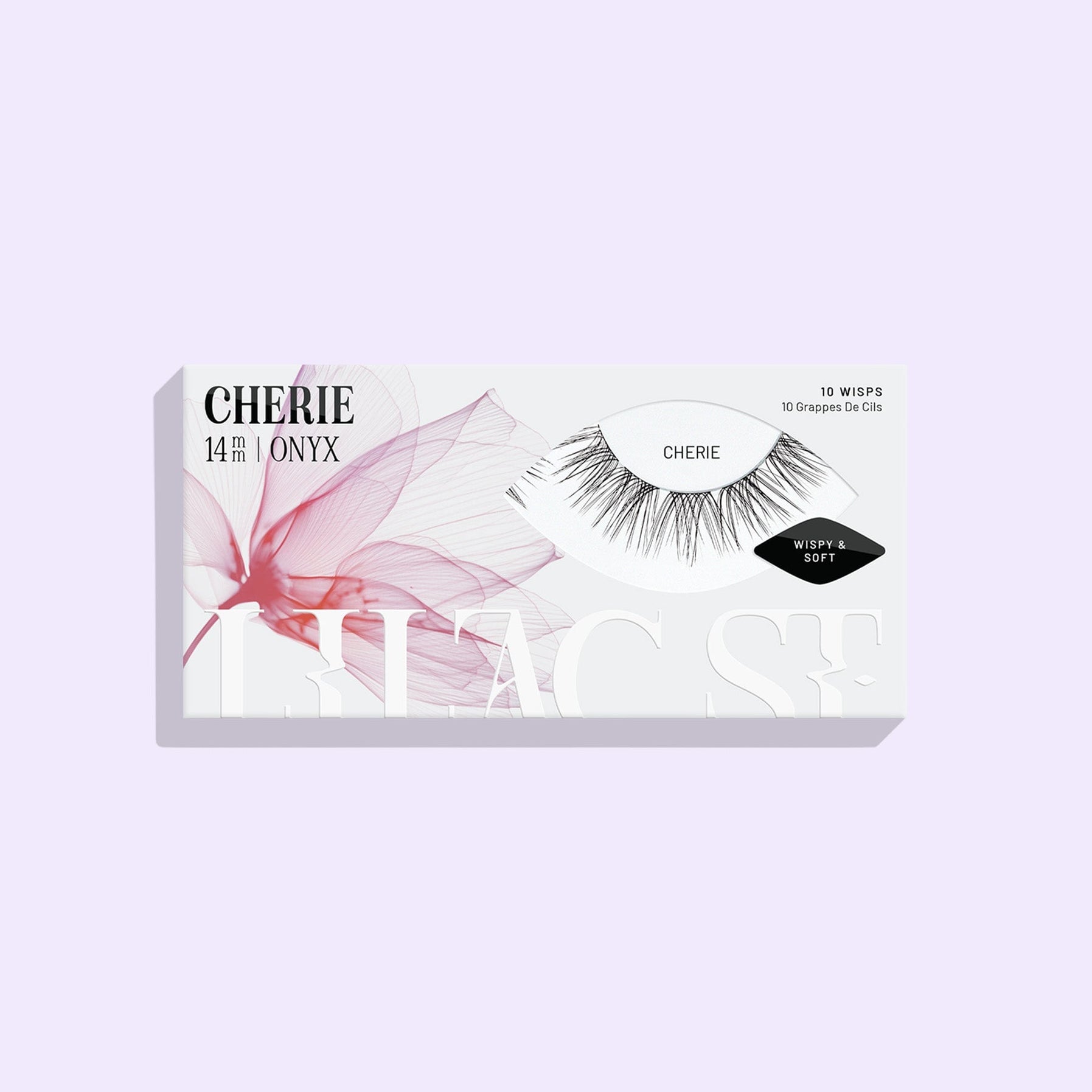 Cherie NanoSoft lash clusters in Lilac St. packaging, with the lash design shown on a soft lilac background.