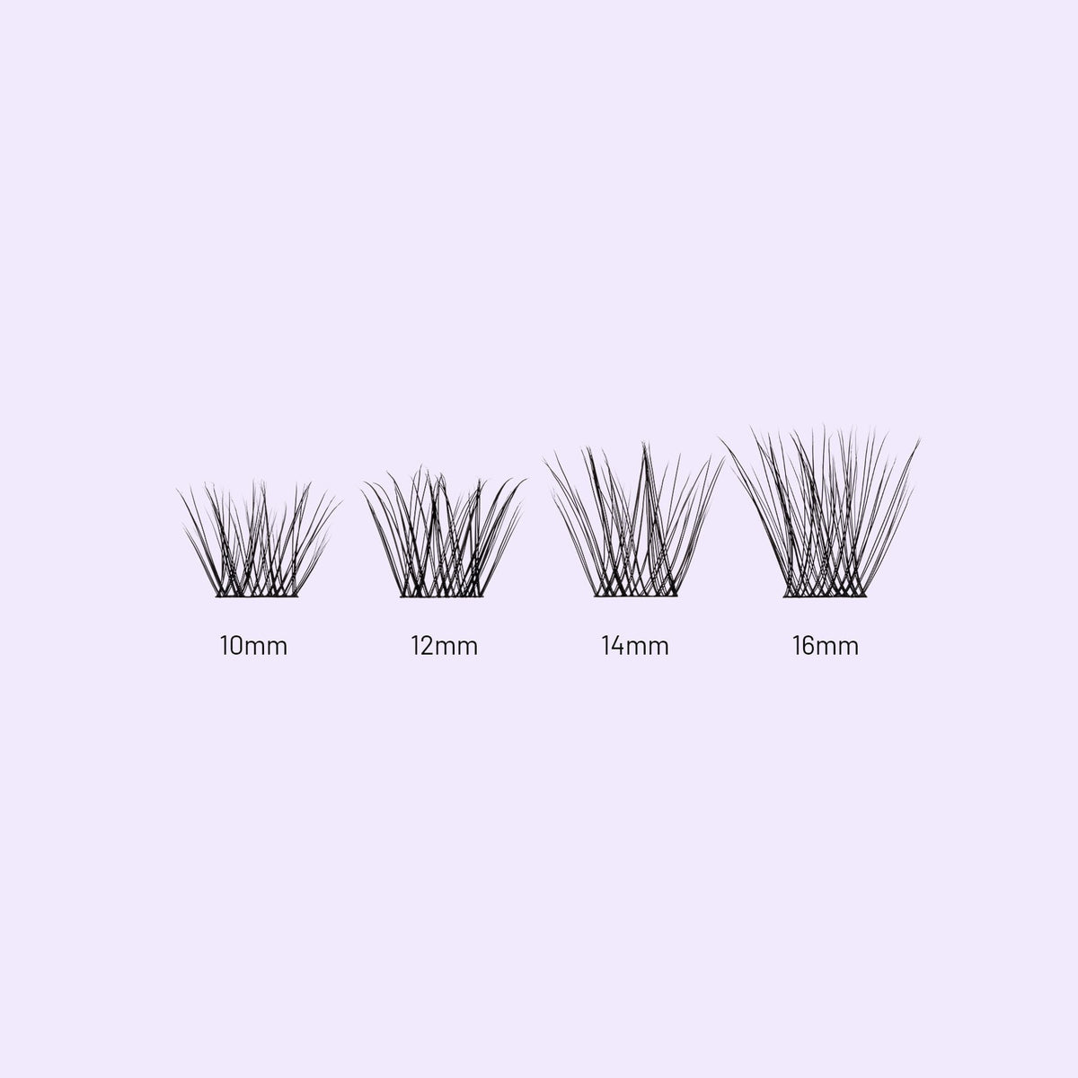 Cherie NanoSoft lash clusters in four lengths, from 10mm to 16mm, arranged on a soft lilac background.